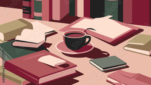 Cozy reading scene with books and coffee