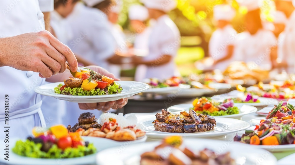 Chef Arranging Food on a Buffet Table Chef Arranging Food on a Buffet Table