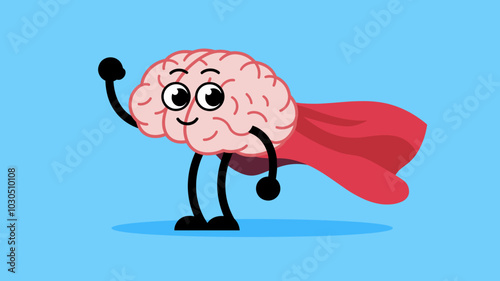 Vector cartoon brain superhero with cape illustration