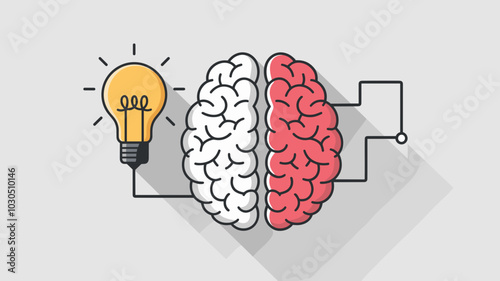 Vector brain halves with lightbulb and circuit illustration