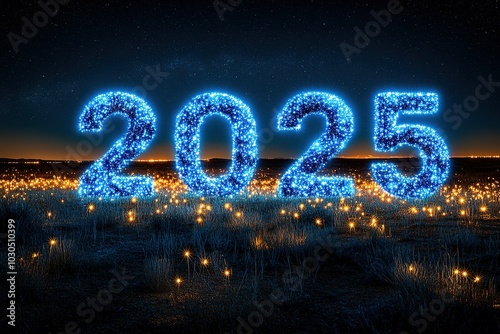 A field of lights with the numbers 20 and 25 glowing in the sky photo