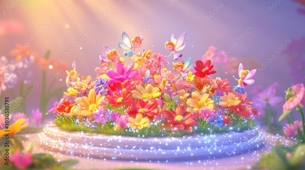 A vibrant display of colorful flowers and fairies in a magical garden setting.