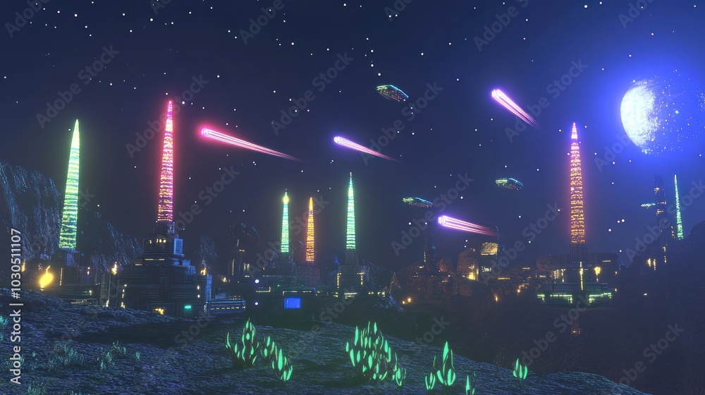 Obraz premium A vibrant futuristic cityscape with neon towers and flying objects against a starry night sky.