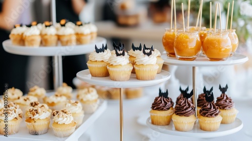 Halloween haunted hayride in an American countryside spooky-themed food stalls selling pumpkin caramel apples photo