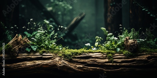 A weathered log draped in emerald moss, punctuated by delicate white blossoms amidst a backdrop of shadowed forest