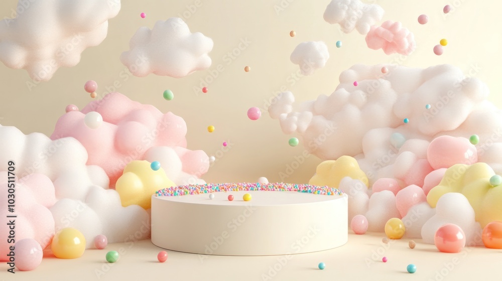 A whimsical cake display surrounded by pastel-colored clouds and playful spheres. A whimsical cake display surrounded by pastel-colored clouds and playful spheres.