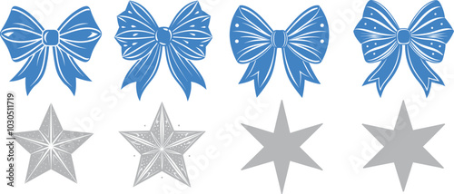 Set lazos y estrellas. Conjunto de vectores para Navidad. Pack de vectores de moños y estrellas para regalo. 