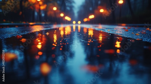 Rain-soaked city street at twilight with vibrant reflections in large puddles and autumnal colors