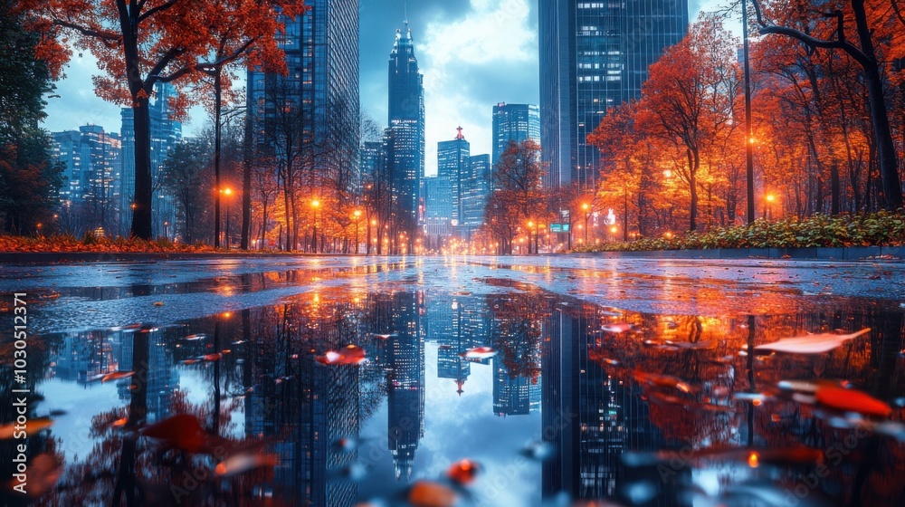 Fototapeta premium A city street glistens after rain, with large puddles reflecting a cloudy sky and the warm lights of autumn. The scene captures an evocative twilight atmosphere.