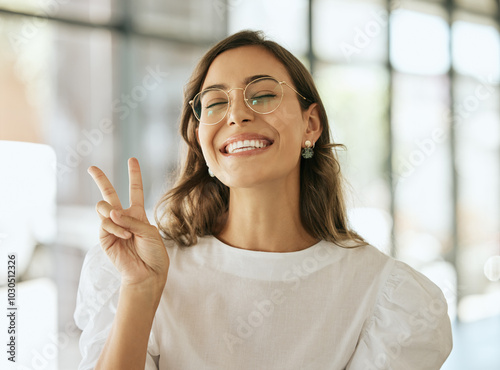 Photos Peace sign, fun and woman in office, smile and confident with humor, hands and playful with glasses