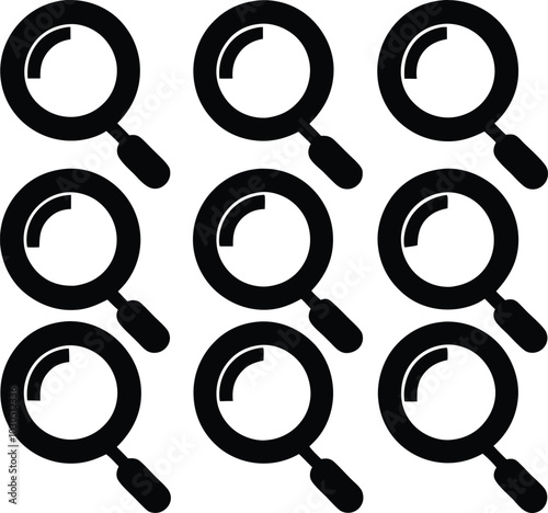 Black Magnifying Glasses Grid Icon Set, Search, Find, Discovery, Investigation, Research, Simple Graphic Design, Isolated
