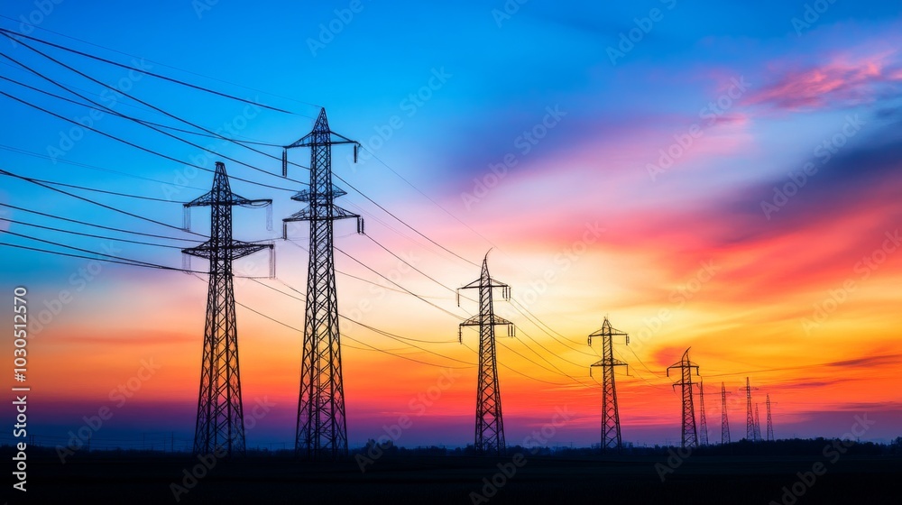 Fototapeta premium Sunset Over Power Lines and Transmission Towers