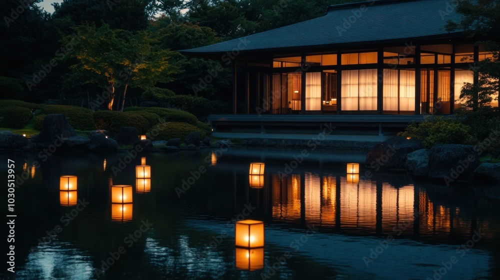 Fototapeta premium Serene evening scene with lanterns reflecting on a tranquil pond beside a traditional building.