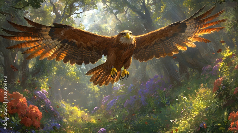 Fototapeta premium Majestic eagle soaring gracefully over a vibrant forest landscape.