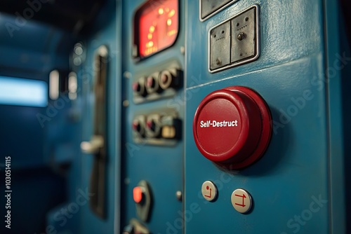 Close-up of a self-destruct button on a control panel in a blue room with various gauges and switches from a machine. Generative AI photo