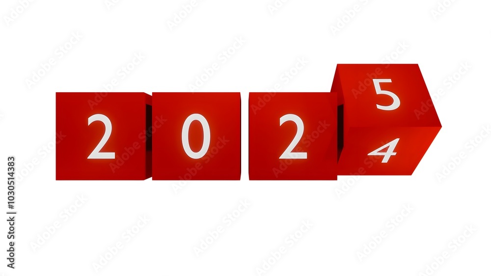 2025 New Year red cubes in isolated white background and happy new year 2025 New Year red cubes in isolated white background and happy new year
