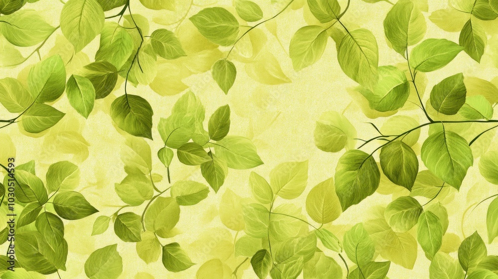 A vibrant pattern of green leaves on a soft yellow background, ideal for nature-themed designs. A vibrant pattern of green leaves on a soft yellow background, ideal for nature-themed designs.