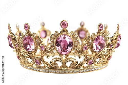 A luxurious gold crown adorned with vibrant pink gemstones and intricate ornamental detailing, isolated against white background. Ideal for themes of royalty, elegance, luxury, and high fashion.