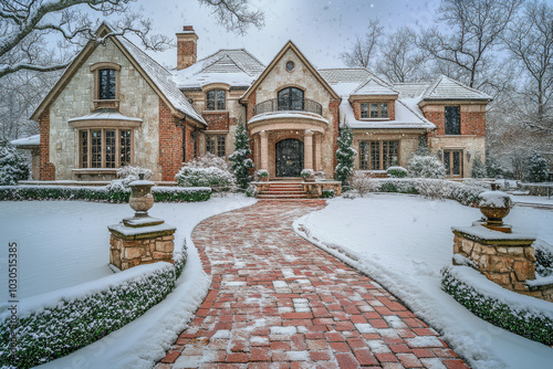 Beautiful home with brick pathway covered in snow during snowfall. House in suburban neighborhood at winter season
