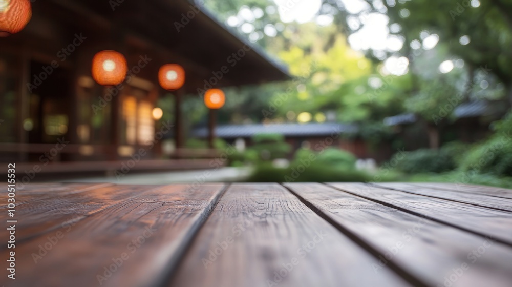 A serene wooden table in a garden setting with lanterns and a traditional building in the background. A serene wooden table in a garden setting with lanterns and a traditional building in the background.