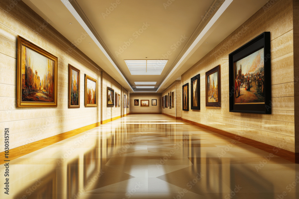 Long art gallery hallway with framed paintings on both walls. Museum interior with paintings hanging on walls Long art gallery hallway with framed paintings on both walls. Museum interior with paintings hanging on walls