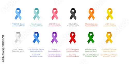 Set of cancer ribbon awareness by months: red, pink, green, blue, yellow, white, black, gold, orange, purple, teal. Vector illustration