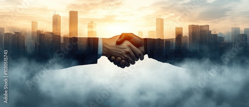 Business handshake between two men, silhouetted against a city skyline, with the image of buildings merged into the scene