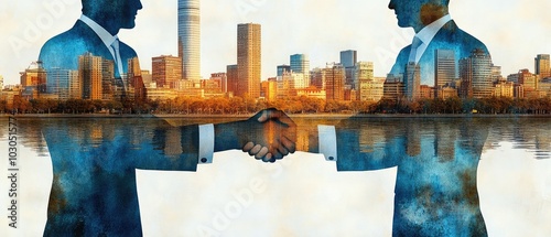 Business handshake between two men, silhouetted against a city skyline, with the image of buildings merged into the scene