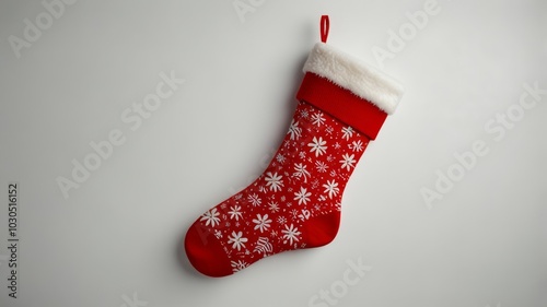 Red christmas stocking hanging on white background