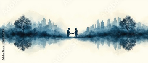 Silhouette of people, with two businessmen shaking hands, overlaid with a modern urban landscape, combining blue and white tones for a professional business theme
