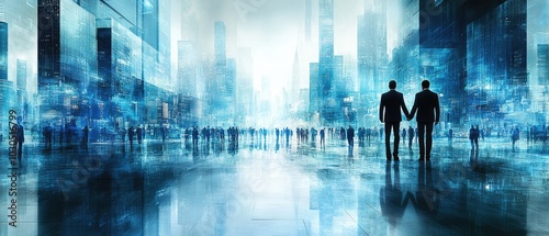 Silhouette of people, with two businessmen shaking hands, overlaid with a modern urban landscape, combining blue and white tones for a professional business theme