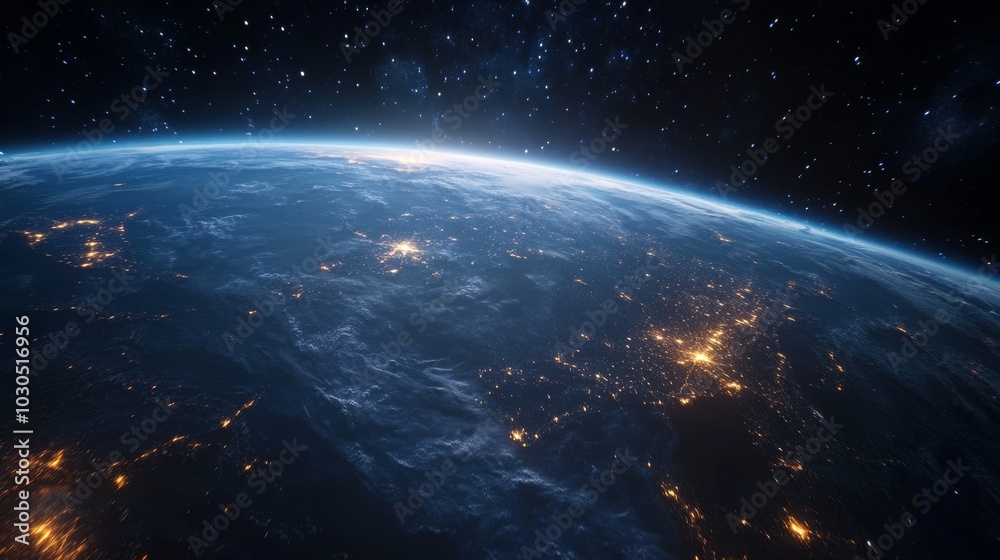 Obraz premium Night view of Earth from space with glowing communication lines.
