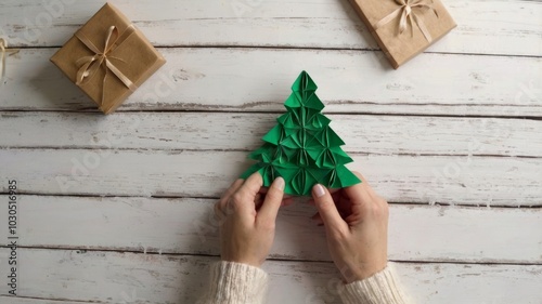 Woman assembling a green origami christmas tree for the holidays