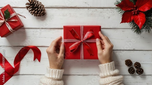 Woman holding christmas gift on white wooden table