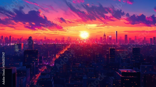 A vibrant sunrise over a cityscape with a bright orange, pink, and purple sky and fluffy clouds.