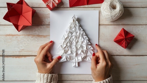 Woman assembling diy christmas tree greeting card using origami technique