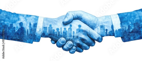 Two businessmen in silhouette shaking hands, with a superimposed image of tall buildings, set in a blue and white color scheme, representing a business concept