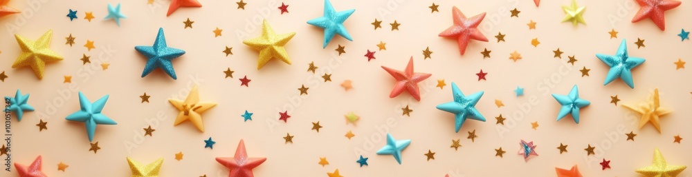 Colorful stars and confetti scattered on a pastel background for festive decoration. Colorful stars and confetti scattered on a pastel background for festive decoration.