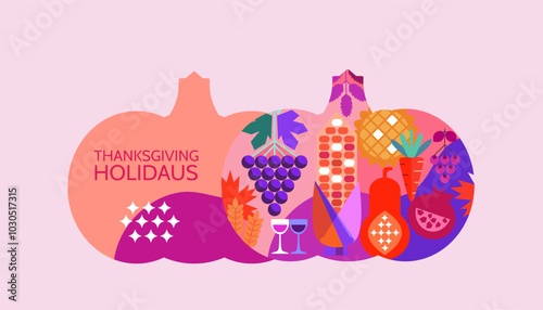 Happy Thanksgiving  Day- template Greeting card with decorations of leaves, pumpkins, sunflower, berry, family dinner of nature.Vector flat icon illustration