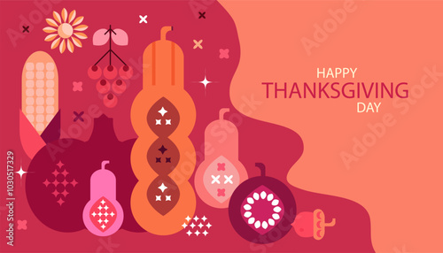 Happy Thanksgiving  Day- template Greeting card with decorations of leaves, pumpkins, sunflower, berry, family dinner of nature.Vector flat icon illustration