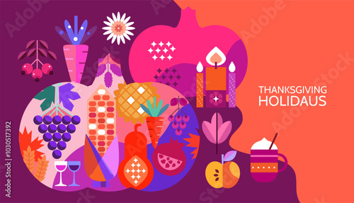 Happy Thanksgiving  Day- template Greeting card with decorations of leaves, pumpkins, sunflower, berry, family dinner of nature.Vector flat icon illustration