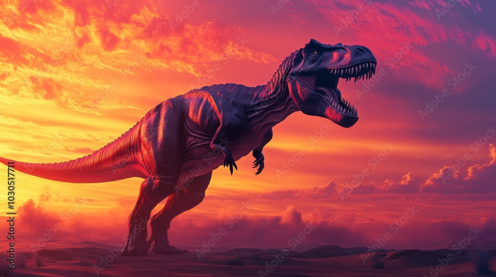 Fototapeta premium A Tyrannosaurus Rex rearing back in a fierce stance, its powerful jaws open wide, silhouetted against a vibrant sunset sky over a sandy desert landscape.