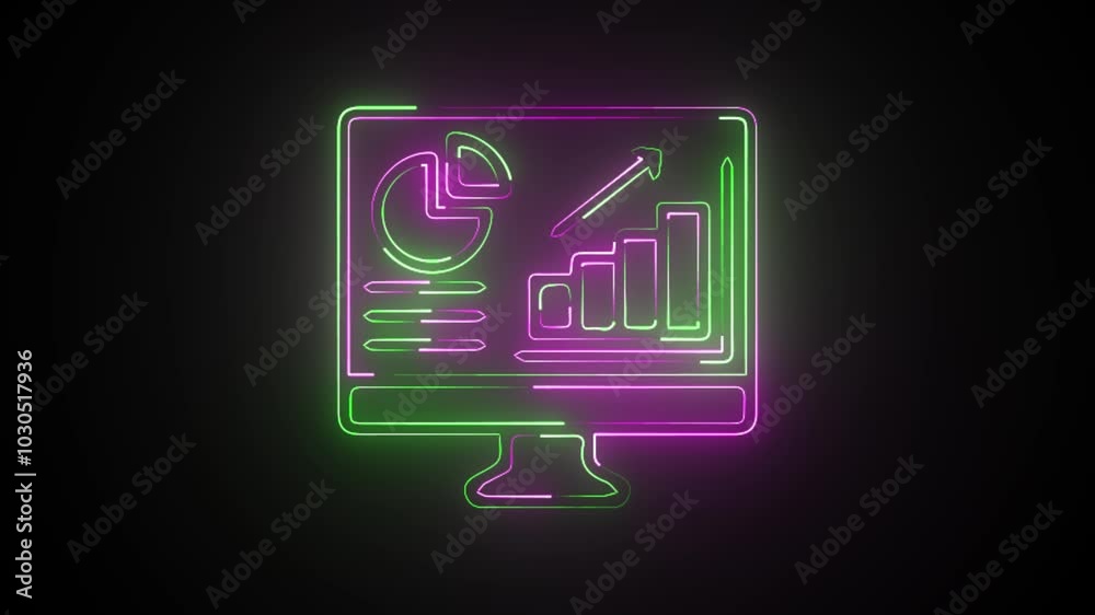 neon computer screen with charts business icon video HD 4K neon computer screen with charts business icon video HD 4K