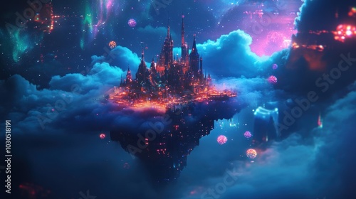 A mystical floating castle amidst colorful clouds and cosmic elements.