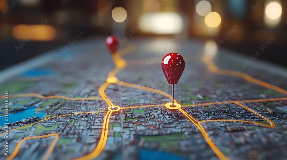 Digital GPS Location on Map with Route Path and Navigation Pin Digital GPS Location on Map with Route Path and Navigation Pin