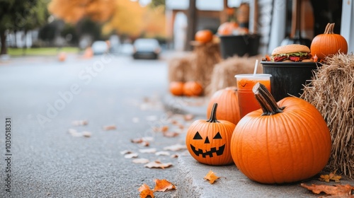 Haunted American barn Halloween festival spooky food stalls offering monster burgers photo