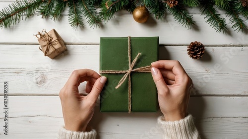 Woman tying a ribbon on christmas present on white table
