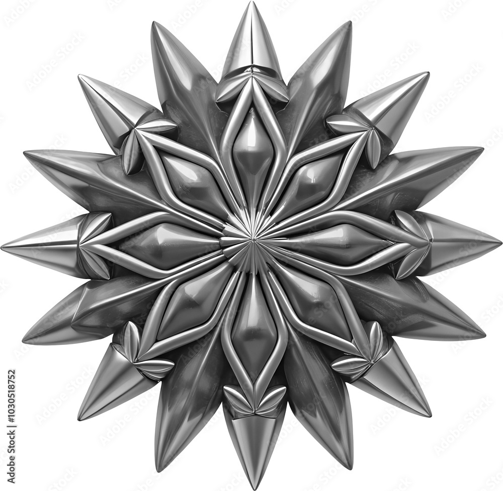 Fototapeta premium bright, shiny silver snowflake with a detailed, symmetrical design. smooth petal-like shapes and rounded droplets radiating from the center. PNG