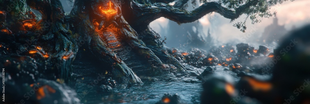 Obraz premium Exploring an Enchanted Forest: A Mystical Scene of Glowing Trees and Serene Waters