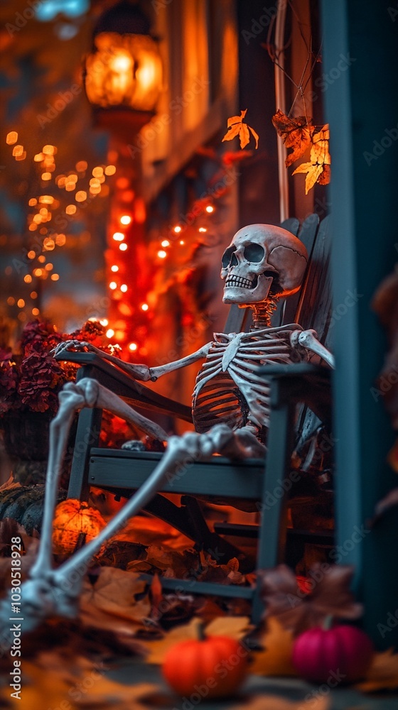 Spooky Halloween porch decor with skeleton lounging in chair, surrounded by glowing lights, pumpkins, and autumn leaves creating eerie ambiance. Spooky Halloween porch decor with skeleton lounging in chair, surrounded by glowing lights, pumpkins, and autumn leaves creating eerie ambiance.